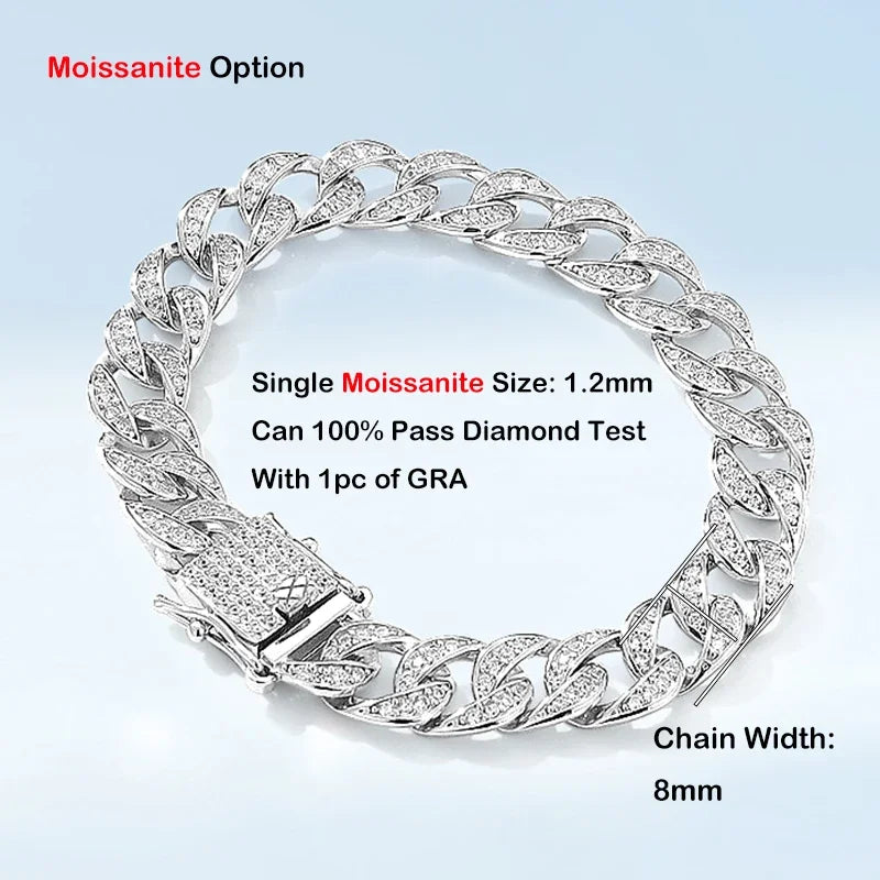 Full 1.2mm D Color Moissanite Cuban Link Bracelet For Men Women Unisex S925 Silver Pass Diamond Test 8mm Wrist Bracelets