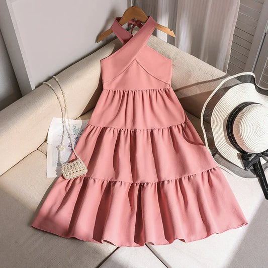 Girls 8-12 Pink Tiered Dress, Front Halter Neck Design & Tiered Ruffle Skirt, Casual Kids Wear