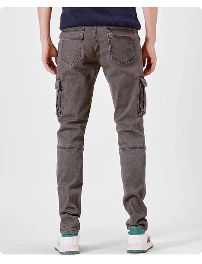 Men's Jeans Street Style Waist Denim Cargo Pants Solid Color Washed Slim Fit Casual Jeans with Multiple Pockets for Daily Wear