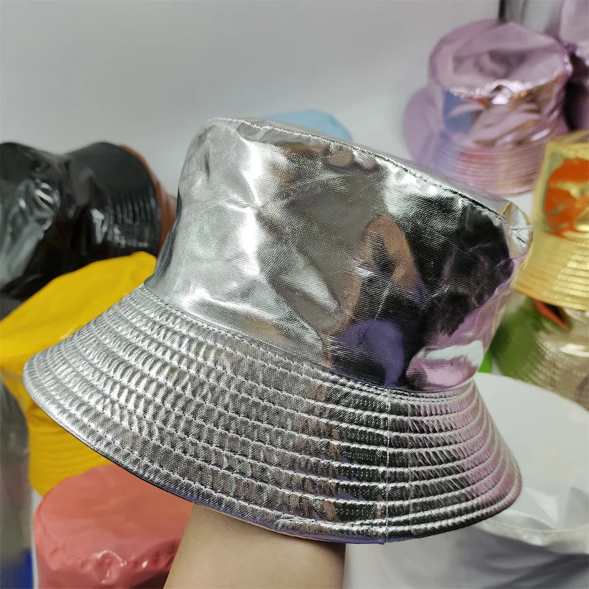 Colorful Shiny Leather Two Sided Fisherman Hat Women's and Men's Hip Hop Summer Sunshade Hat Foldable Bucket Hat