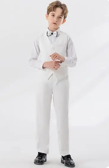 British Kids Summer White 3Pieces/Set Vest Pants Bowtie Photograph Suit Children Stage Performance Suit Boys Wedding Costume