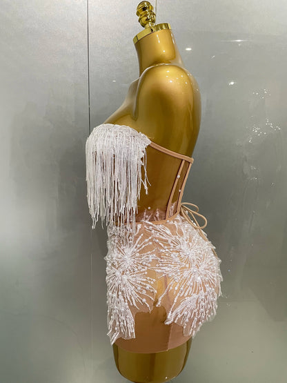 Pearl Sequins Tassel Sleeveless Glitter Mini Dress Women Singer Bar Nightclub Stage Performance Clothing Show Outfit