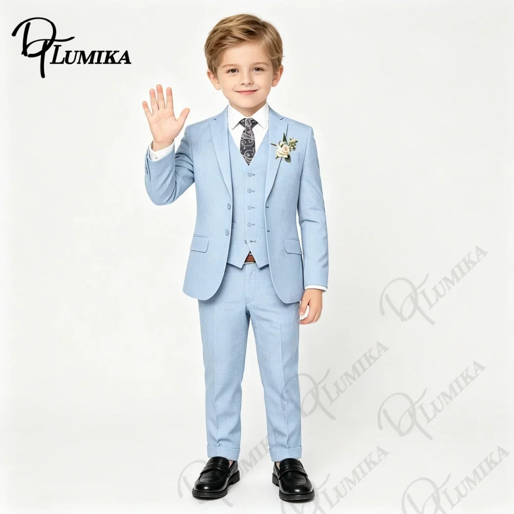 Boys’ 4-Piece Sky Blue Suit with Floral Tie for Weddings & Graduation