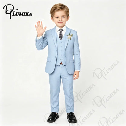 Boys’ 4-Piece Sky Blue Suit with Floral Tie for Weddings & Graduation