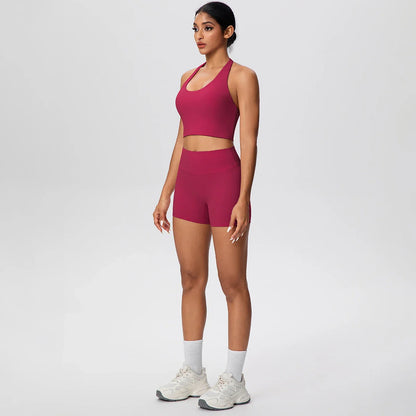 2picese Women Yoga Suit Solid Color High Waist Hip Push Up Fitness Shorts Sexy Pilates Backless Gym Hanging Neck Bra Yoga Set