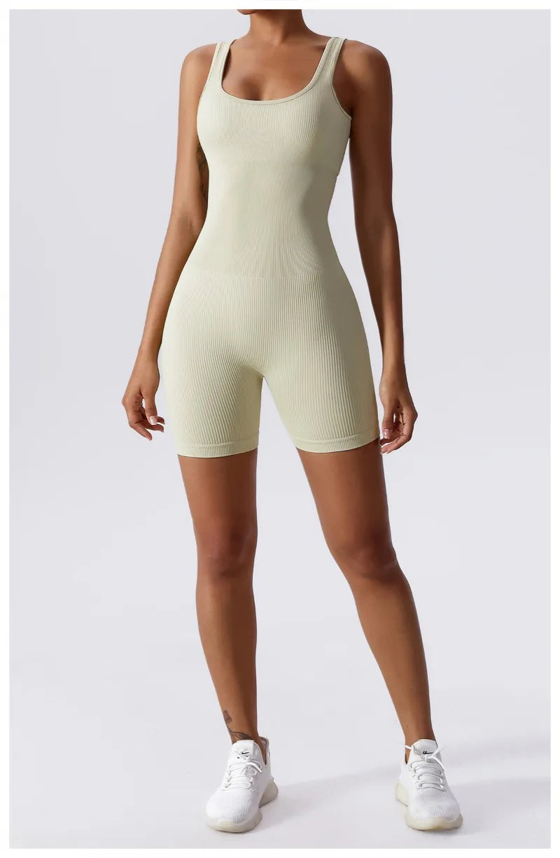 Women's Yoga Rompers One Piece Tummy Control Seamless Ribbed Jumpsuit Padded Sports Bra Workout Romper Fashion Fitness Sportwear