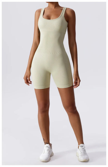 Women's Yoga Rompers One Piece Tummy Control Seamless Ribbed Jumpsuit Padded Sports Bra Workout Romper Fashion Fitness Sportwear