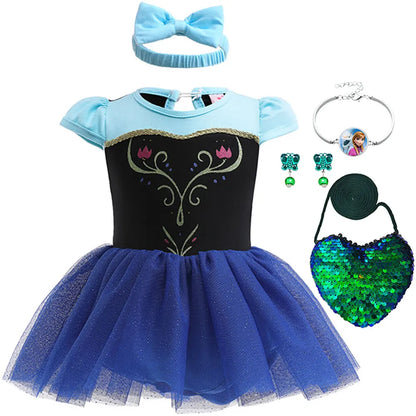 New Infant Baby Romper Blue Dress Snow White Elsa Anna Costume Cute Design Baby Cotton Dress+Headband Accessories Set