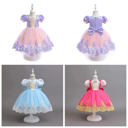 Fashion Girls Rapunzel Dress Up Dresses for Party and Wedding Mesh Lace Girls Dresses Summer Children Girls Party Dresses ASQ03