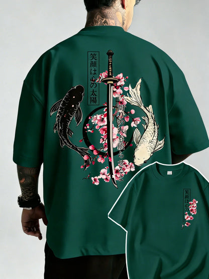 Summer Hot Japanese Yin Yang Koi Fish & Samurai Sword Pattern Cotton Men’s T-Shirt Short Sleeve Tees Casual Oversized Unisex Top