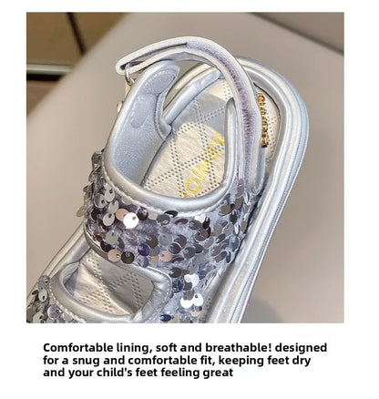 Summer Children's Sandals Sequins Thick Soled Girls Causal Princess Open-toe Sandals Fashion Non-slip Kids Beach Shoes Versatile