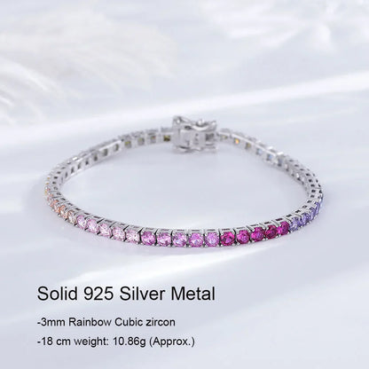 925 Silver Tennis Bracelet, 3mm Pave CZ, Dark Ruby/Rainbow/Blue/Green/Black, Eternity Design, Fine Jewelry for Women