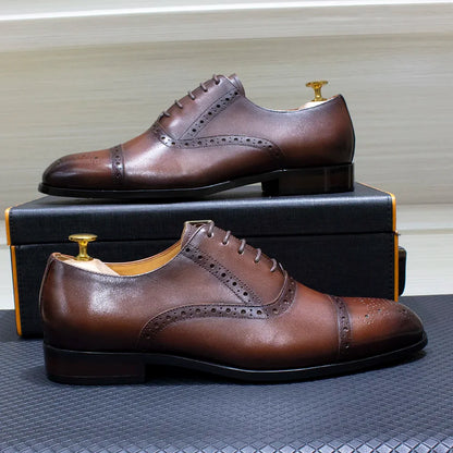 Luxury Genuine Leather Calfskin Cap Toe Oxfords Men's Dress Shoes Italian Style Lace-Up Wedding Business Formal Shoes for Men