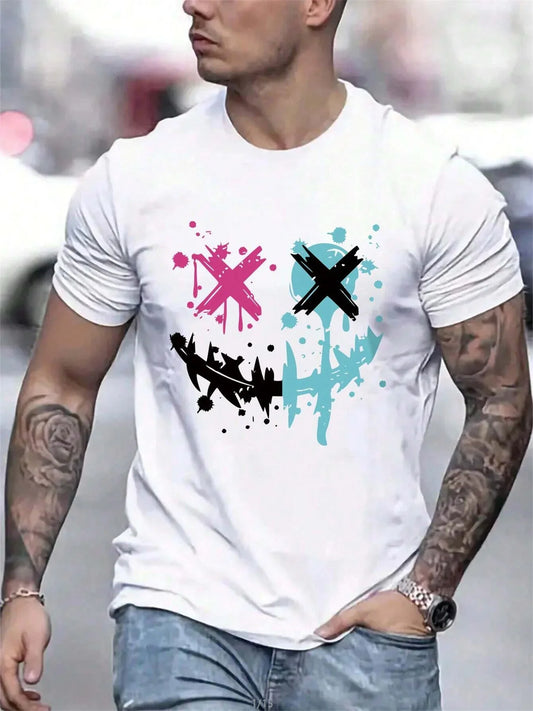 Summer men's 100% pure cotton casual loose size smiley face pattern printed sports comfortable round neck short sleeved T-shirt