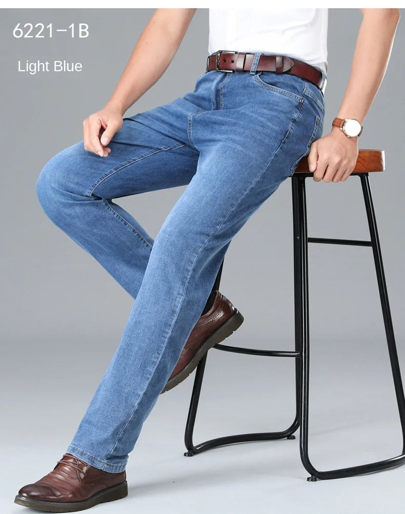 2026 Brand Thin or Thick Material Straight Cotton Stretch Denim Men's  Business Casual High Waist Light Grey Blue Jeans