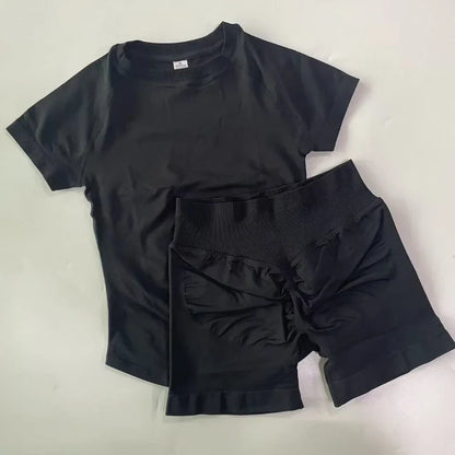 2 Piece Yoga Set Women Outfit Longline Short Sleeve Gym Crop Top High Waist Workout Shorts Sports Suit Fitness Clothes Gym Set
