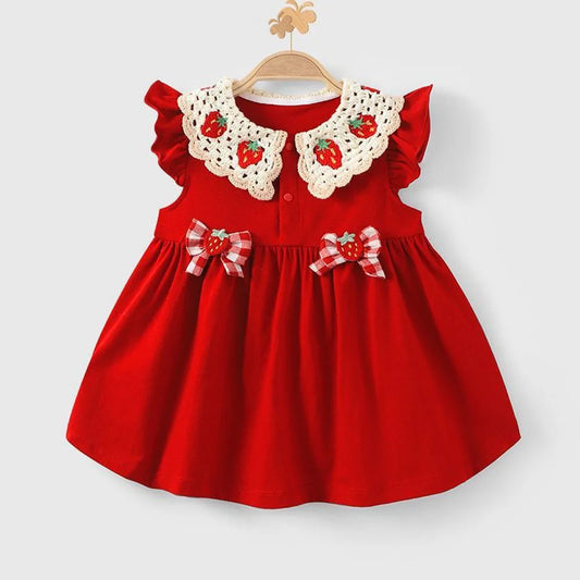2026 Summer New Style Girls Sleeveless Dress Fashion Strawberry Turn-down Collar Kids Princess Dresses Child Red Party Clothes