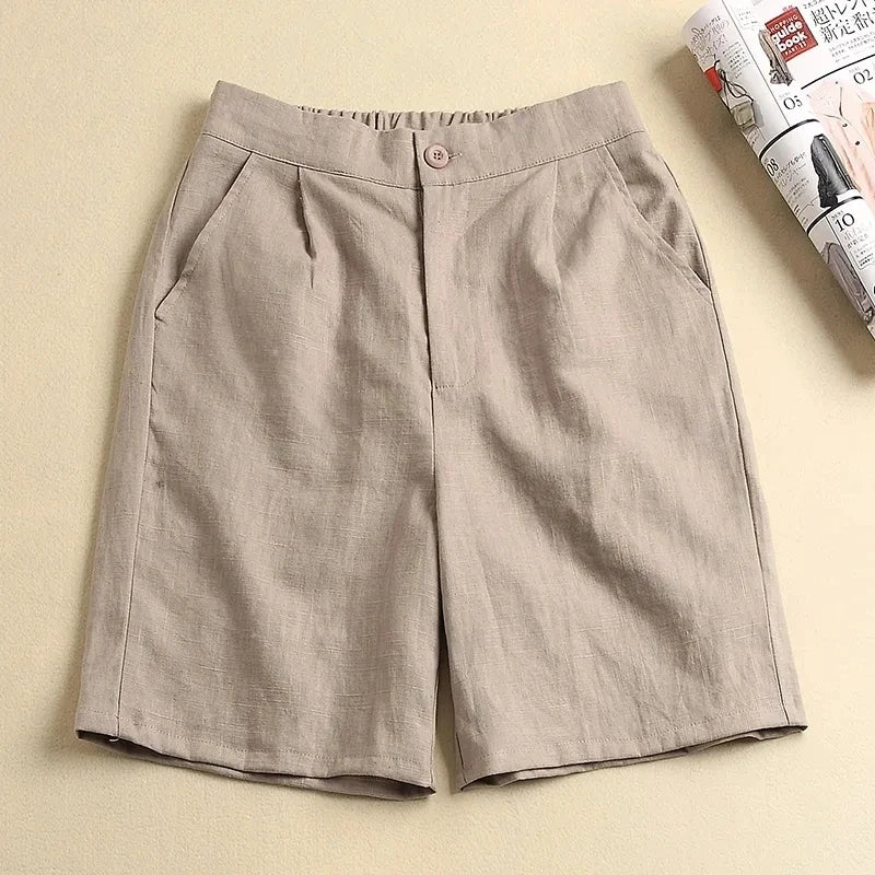 Khaki Solid Casual Linen Cotton Elastic High Waist Wide Leg Button Loose Women's Shorts Korean Fashion Summer Shorts Women 2024