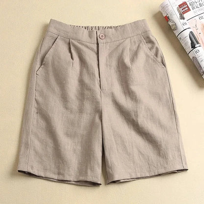 Khaki Solid Casual Linen Cotton Elastic High Waist Wide Leg Button Loose Women's Shorts Korean Fashion Summer Shorts Women 2024