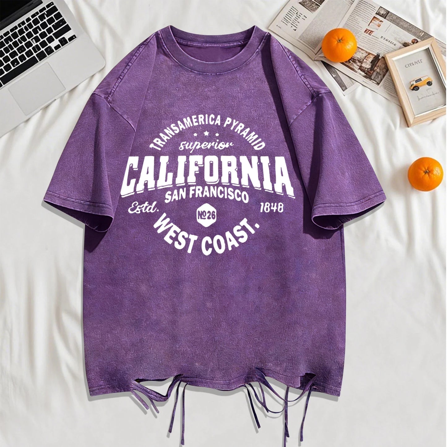 California Sanfrancisco Weat Coast Washed Holes T-Shirt Mens Cotton Soft T Shirts Crewneck Loose Clothes Multicolor Short Sleeve
