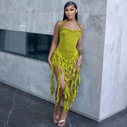 Elegant Halter Solid Ruffles Backless Taseel Sexy Slim Mini Dress Spring Women Cute Outfits Birthday Party Vacation