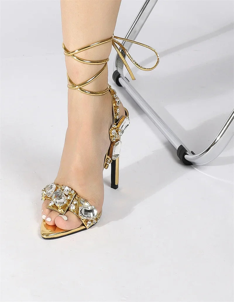 Sexy Ankle Strap Golded Sandals Women Party Nightclub Stripper Heels High Quality Crystal Diamond Pointed Toe Wedding Shoe