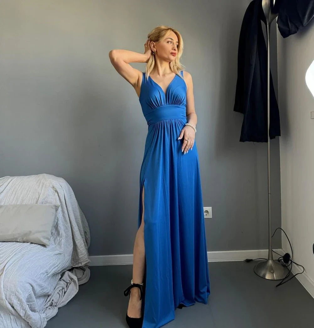 Women's Summer Evening Dresses Sexy Deep V-Neck Sleeveless Backless Sling Prom Dress Pleated Empire A-Line Split Formal Vestido