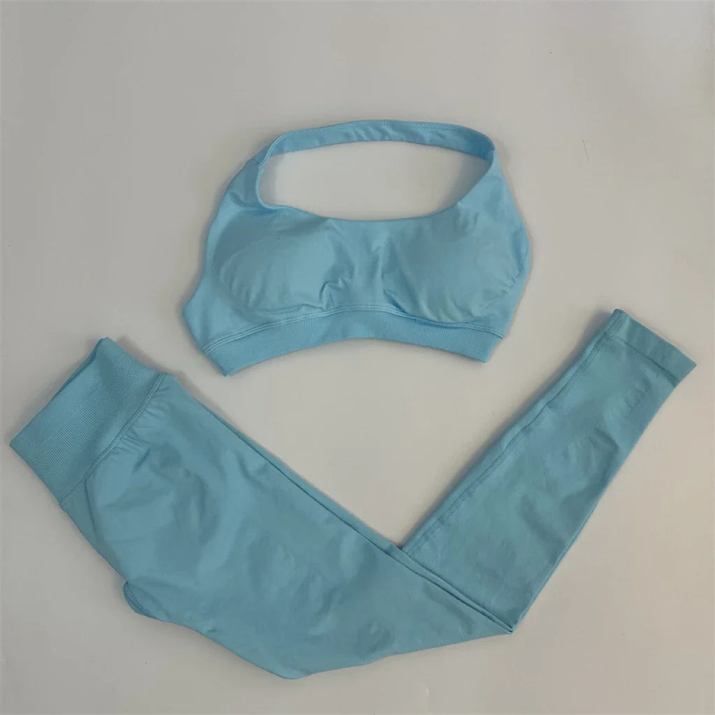 Yoga Legging Sets for Women Seamless Yoga Set Scrunch Butt Legging Set Workout Gym Suit with Halter Crop Top