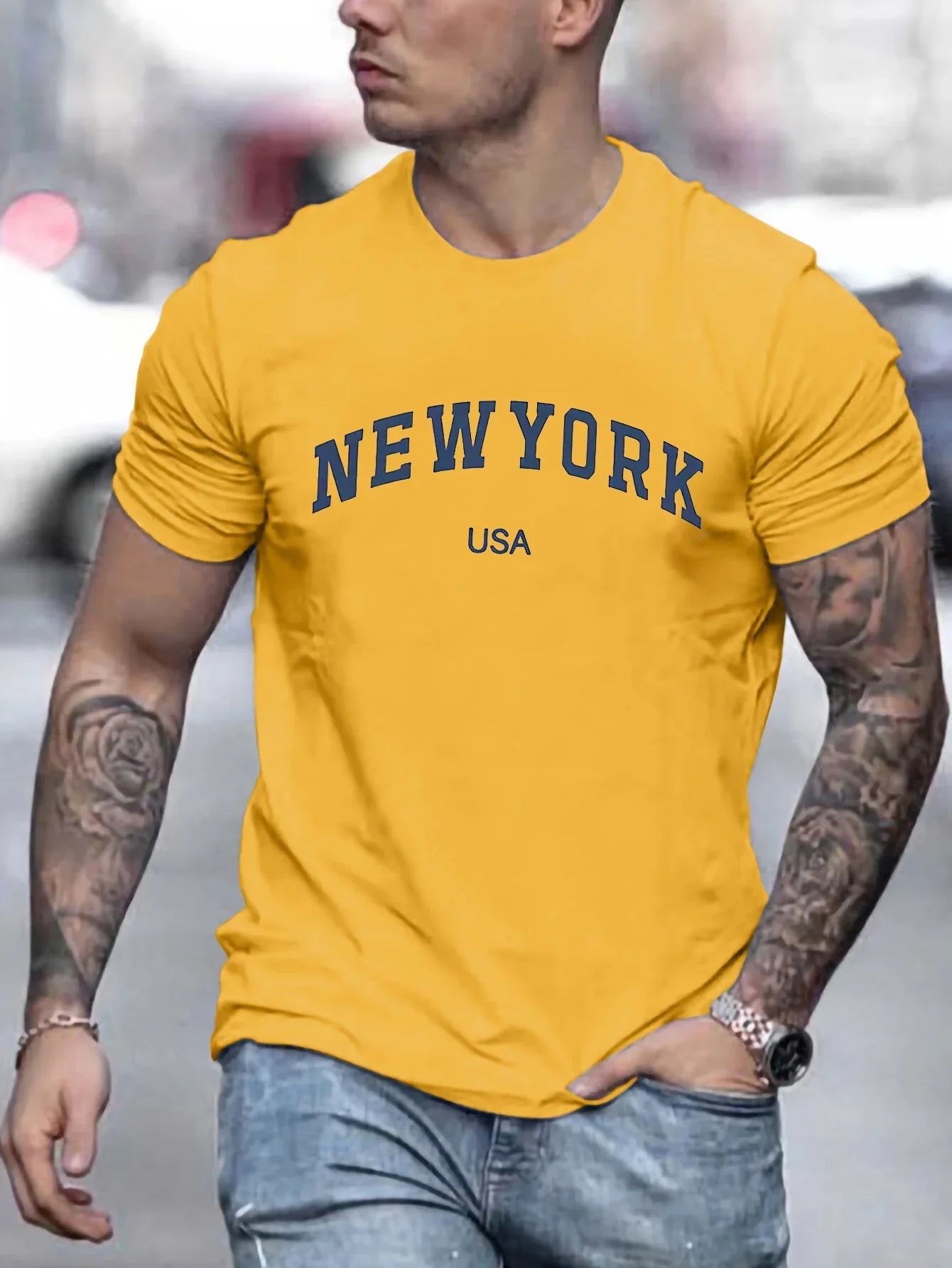 Men's 100 cotton summer fashionable casual loose plus size new York Usa printed slim fit sports round neck short sleeved T-shirt