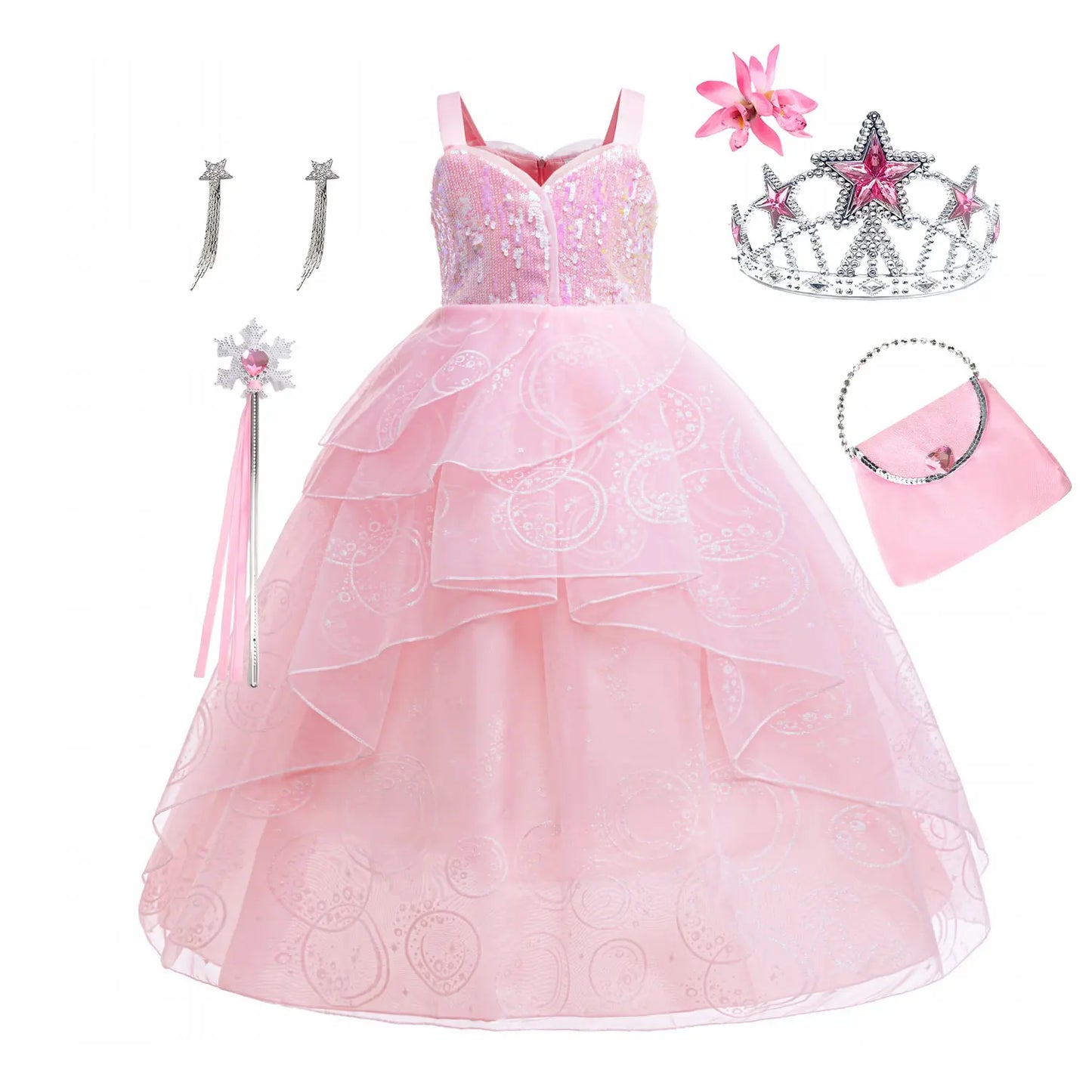 A Bruxa em West Role Play Vestido Glinda Brilhante Rosa Fantasia de Princesa Fantasia de Performance Palco Wicked Menina Vestidos