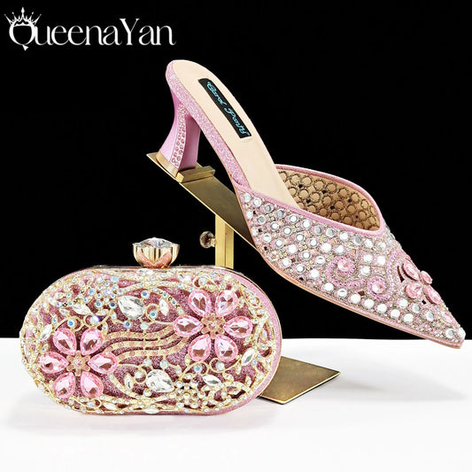 Luxury Pink Rhinestone Party Shoes and Clutch for Women- Elegant Crystal Heels with Matching Evening Bag