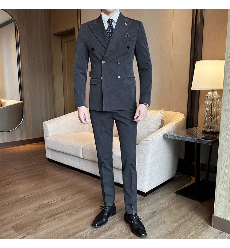 (Jackets+Pants) Luxury Double Breasted Design Slim Fit Suit High Quality Fashion Men's Wedding Social Suit Tuxedo 2 Piece Set