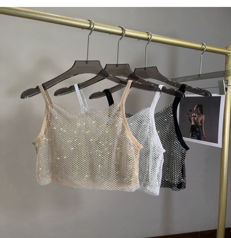 Summer New Mesh Diamond Crystal Short Halter Top AB Color Diamond Sexy Inner Shining Waistless Tops