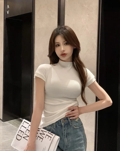 1pcs Girls Summer Solid T-shirts Womens Classic Basic Fashion Tees New Students Short Sleeve Slim Tops Females Mock Neck Tshirts