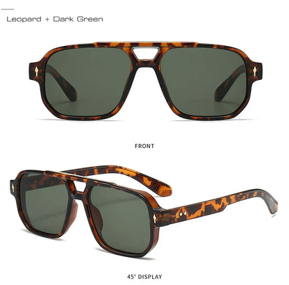 Vintage Double Bridges Men Square Sunglasses Fashion Clear Ocean Lens Eyewear Women Trending Rivets Sun Glasses UV400