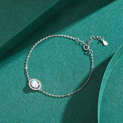 Genuine 925 Sterling Silver Luxury Elegant Oval Natural Moonstone Chain Bracelet For Women Romantic Simple Fine Jewelry