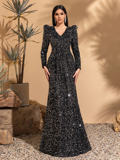 Vestido decote V, de paetê, que marca o quadril, de manga longa, elegante e chique, com cintura justa