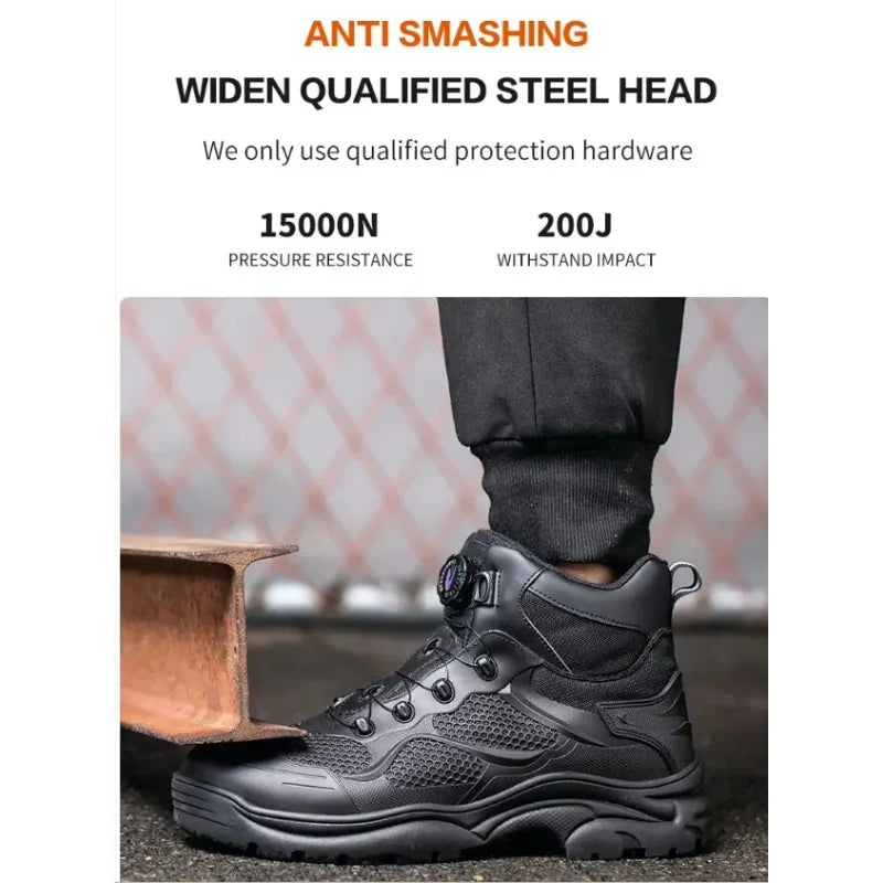 Men's Safety Work Boots Steel Toe Breathable Indestructible Puncture-Proof Rotary Buckle Shoes Comfortable Brand Work Footwear