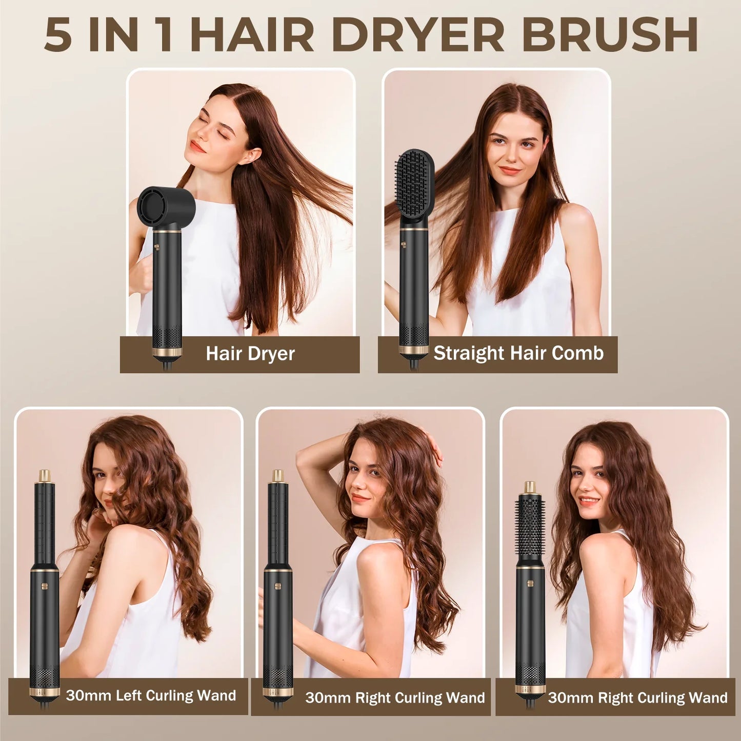 Hair Dryer 5 in 1 Electric Comb Negative Ion Straightener Comb Curling Iron Detachable Multifunctional Heating Brush Hair Dryer