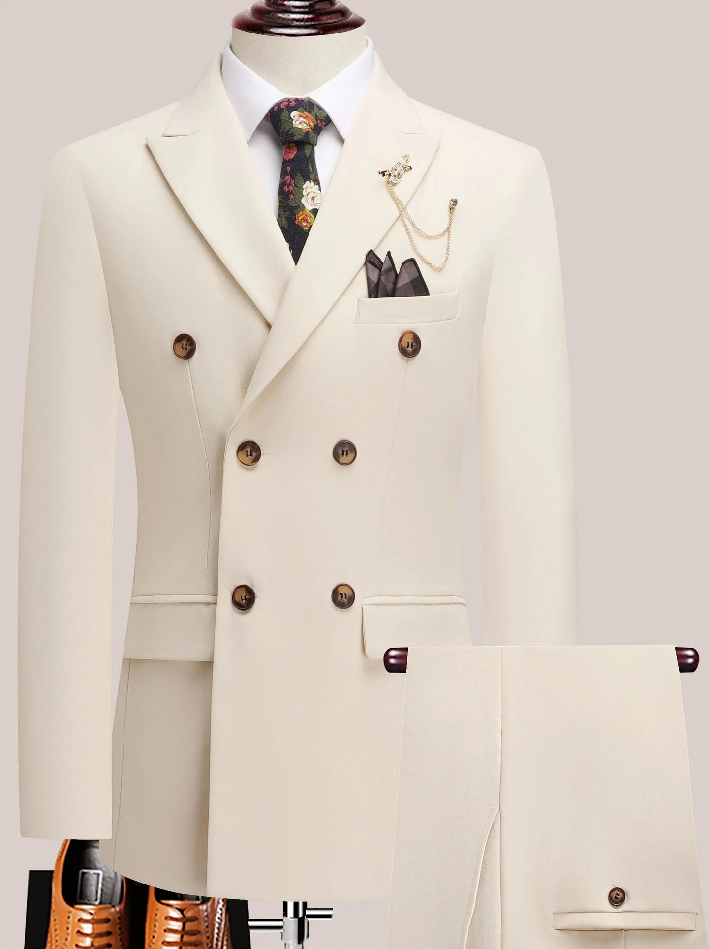 The latest men's solid color suit two-piece set with lapel collar and double breasted buttons for four seasons, men's business s