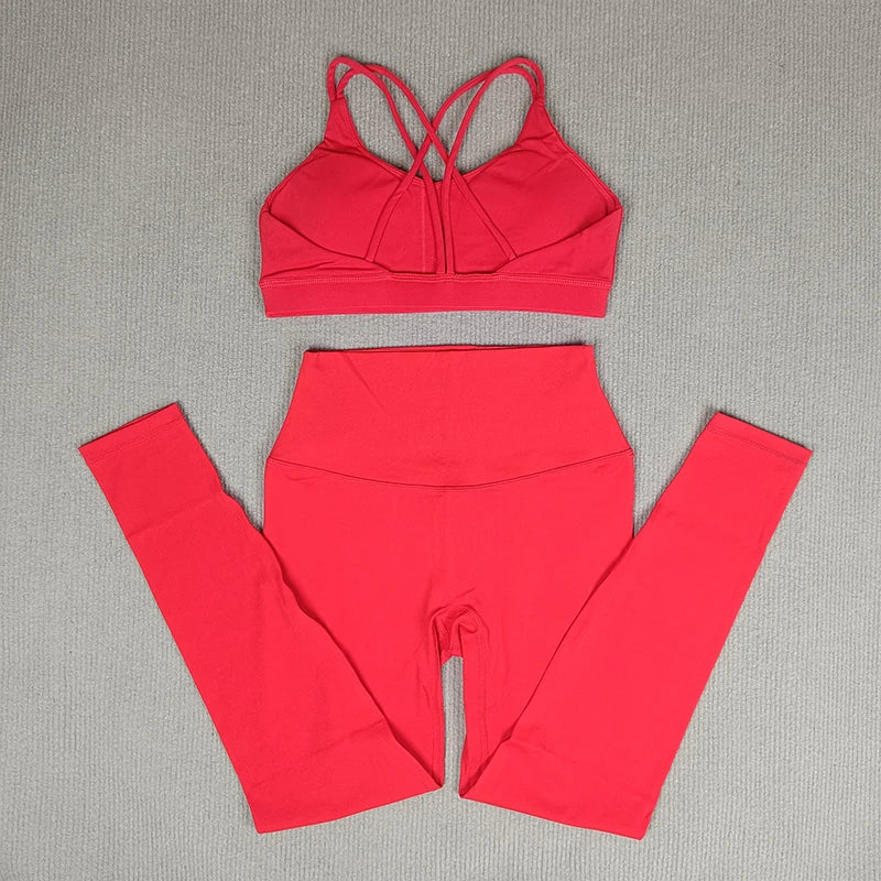 2 Pcs Women's Gym Tights Yoga Sports Set High Waist Leggings Cross Back Bra Top Fitness Running Workout Tracksuit