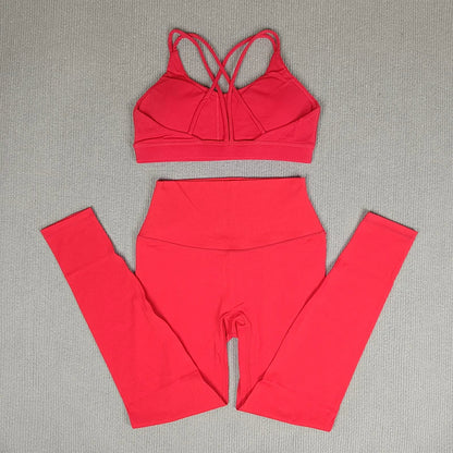 2 Pcs Women's Gym Tights Yoga Sports Set High Waist Leggings Cross Back Bra Top Fitness Running Workout Tracksuit