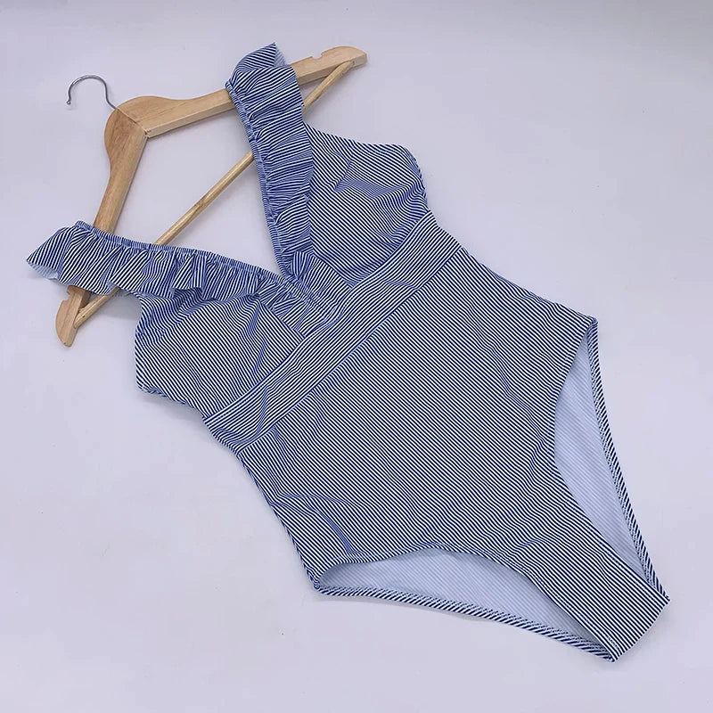 Sexy One Piece Swimsuit 2023 Women Striped Ruffled Swimwear Women Vintage Print Monokini Female Bodysuit Girl Beach Bathing Suit