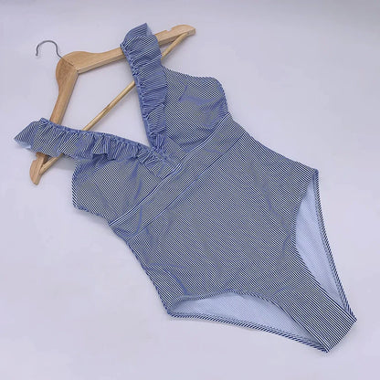 Sexy One Piece Swimsuit 2023 Women Striped Ruffled Swimwear Women Vintage Print Monokini Female Bodysuit Girl Beach Bathing Suit