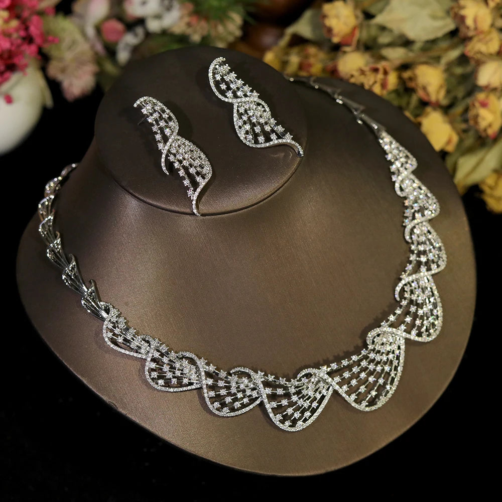 Luxury Crystal Jewelry Set Cubic Zirconia Circular Necklace Women Wedding Engagement Party Accessory for Dubai Bride