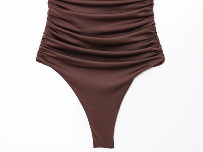 2025 Women Sexy Off Shoulder Solid Pleated Slim Bodysuits Ladies Soft Slim Swimsuit Playsuits Mujer Rompers LS9375