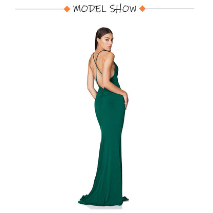 Cowl Neck Backless Cross Straps Split Stretch Bridesmaids Dress Wedding Guest Mermaid Sleeveless Slim Party Evening Gown