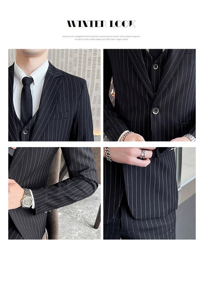 New three-piece suit with tailored striped business suit blazer and trousers set. Korean fashion trend. Stylish wedding attire.