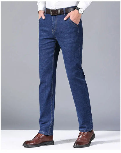 Autumn Spring Business Jeans Men Casual Comfortable Straight Denim Pant Stretch Fashion Classic Soft Premium Blue Black Trousers