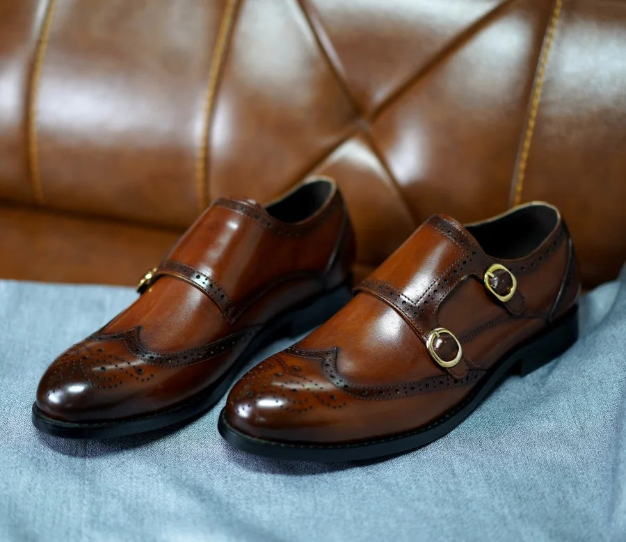 Classic Men Genuine Leather Dress Shoes Brogue Double Buckle Monk Strap Metal Buckle Business Office Wedding Formal Shoes
